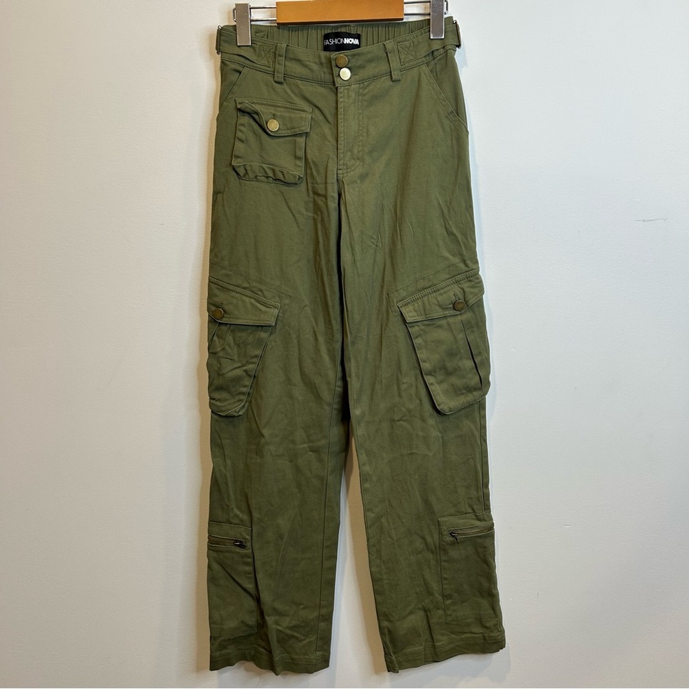 Fashion Nova High Standards Wide Leg Cargo Pants Olive Green Utility - Picture 4 of 12